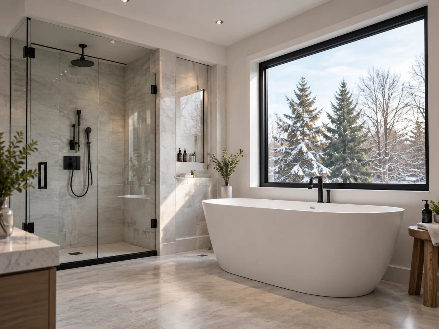 Bathroom design reference with pale stone, a frameless glass shower, and a freestanding bath