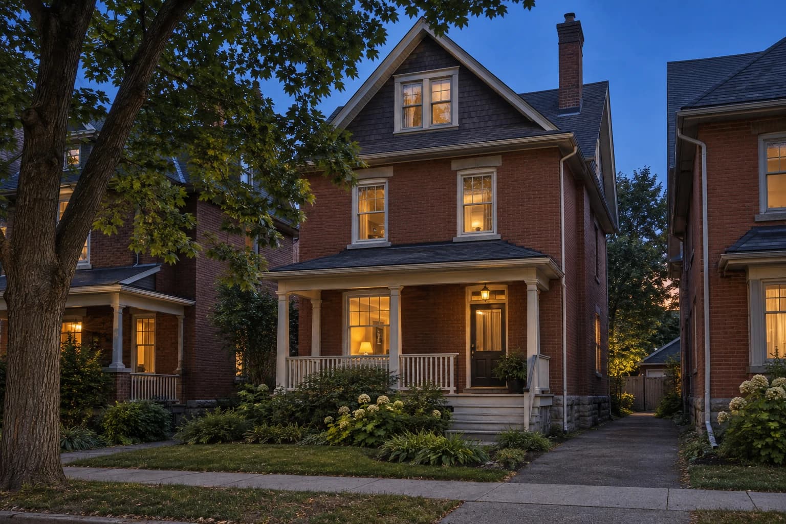 Architectural visualization of a traditional red-brick Glebe home with a gabled roof, cream front porch, and warm windows at dusk