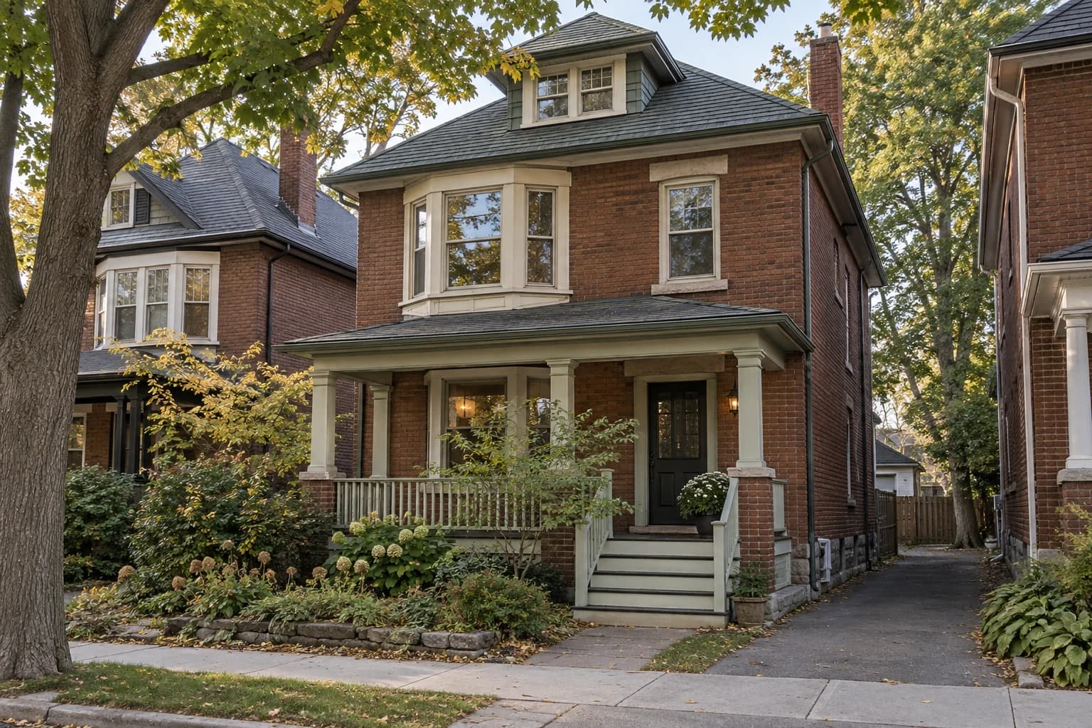 Architectural visualization of an Ottawa brick home with a hipped roof, dormer, bay windows, and a covered front porch