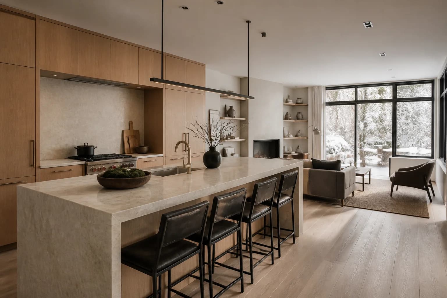 Interior design visualization featuring an oak kitchen, limestone island, and a living area filled with natural light